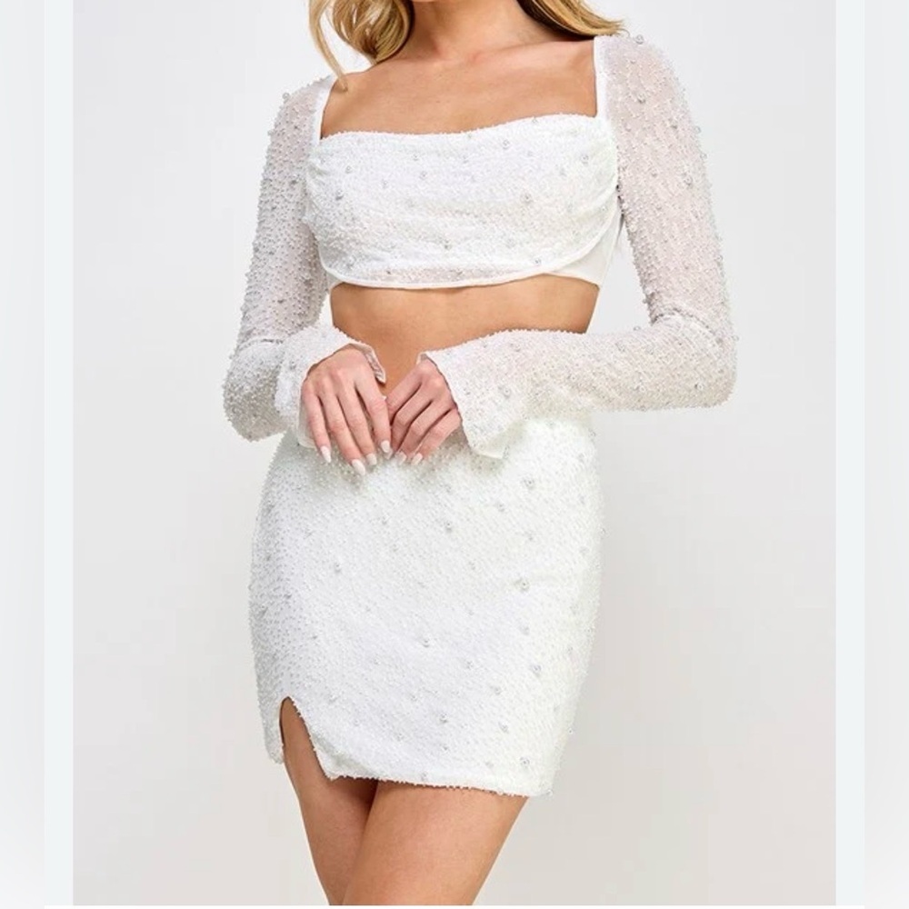 Oh Polly Embellished Crop Long Sleeve Top And Mini Skirt Cream Size 6 And 4